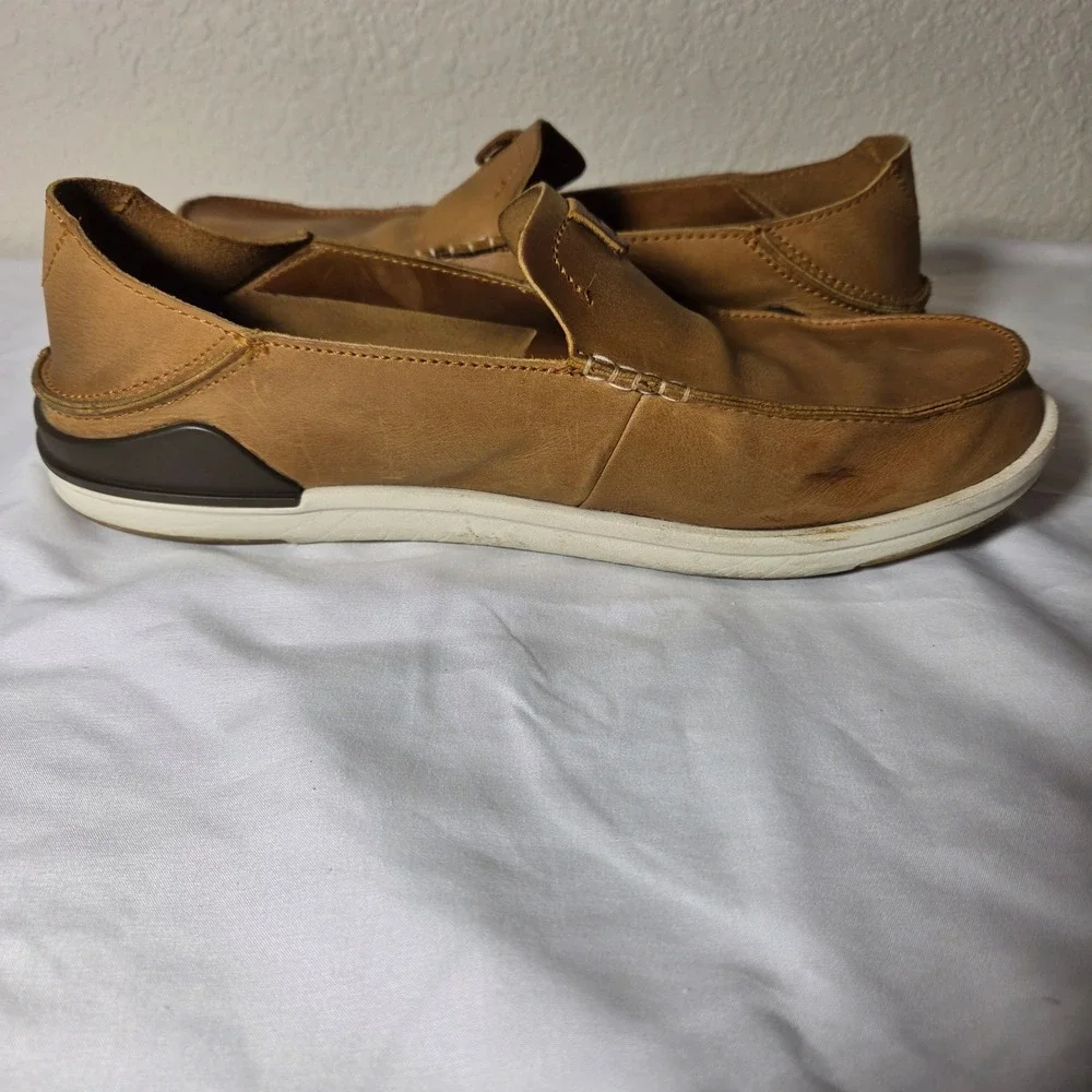 OluKai Kakaha Mens Leather Slip On Shoes Tan Brown Loafers 10490-FXFX Size 12